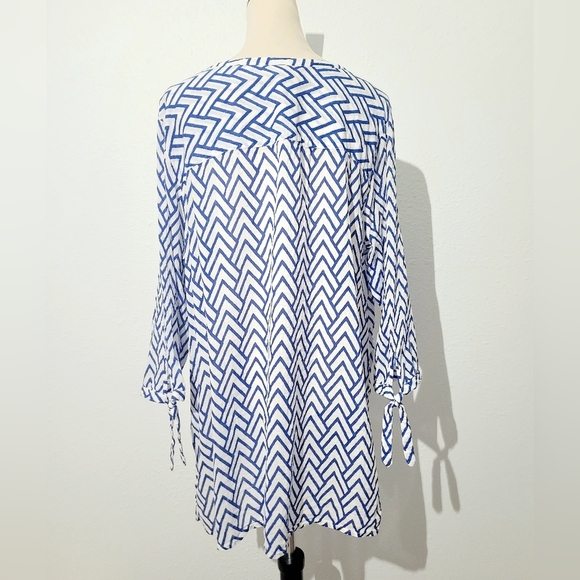 St. John’s Bay 1X Blue White Chevron Print Cotton Tunic Blouse Tie Sleeve Boho - Picture 5 of 13